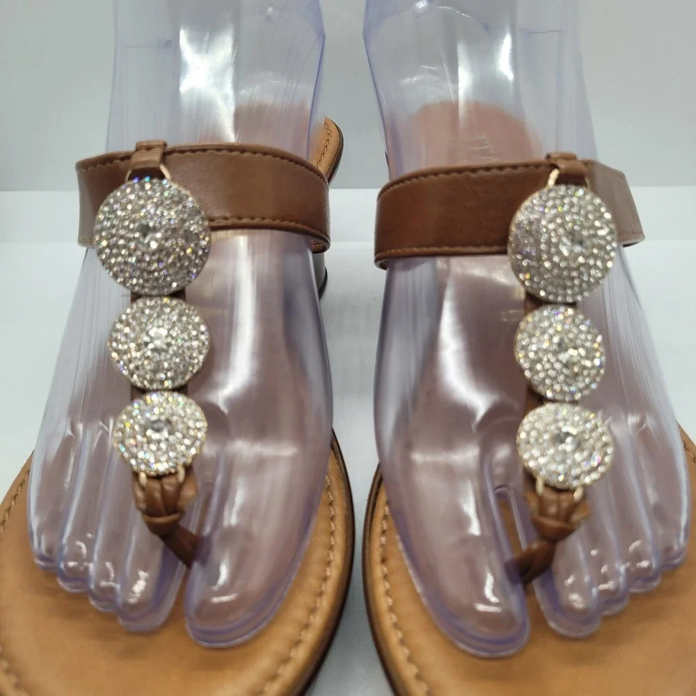 Italian Shoe Makers Women SZ 8.5 Brown Wedge Slip Ons Circles of Rhinestones